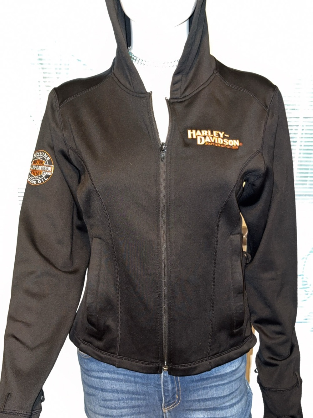 Harley-Davidson Women's Black Hooded Zip Jacket with Orange Logo- fits Sm/Med